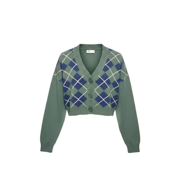 Y2k Hollister Argyle Knit Green/Blue Slight Crop Cardigan Sweater Size Medium - Picture 1 of 14